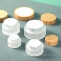 Empty Frosted Glass Cream Jars For Facial Cream Cosmetic Packing Jars With Natural Wood Lid